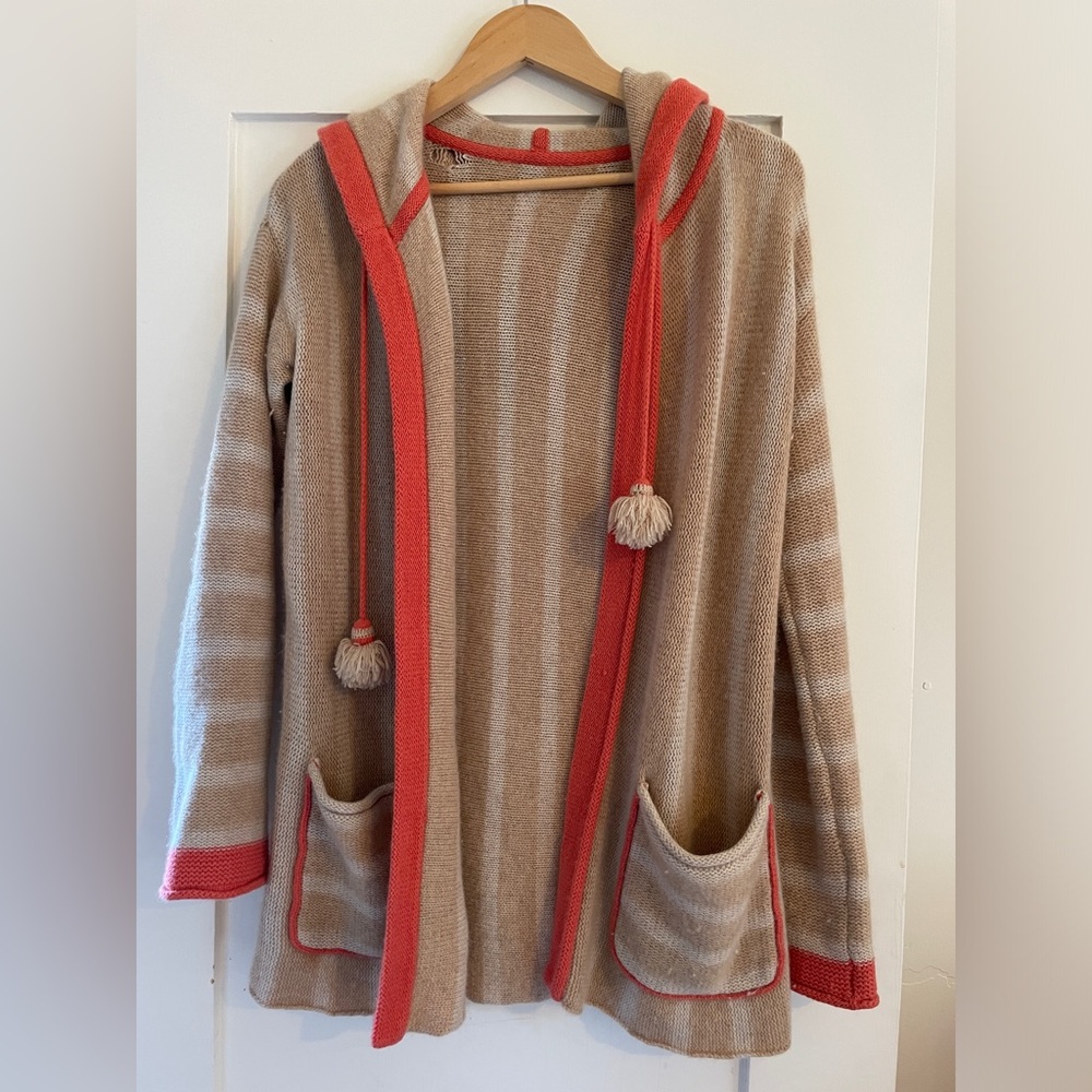 100% Cashmere Tan and Coral Striped Hooded Cardigan with Pom Poms and Pockets